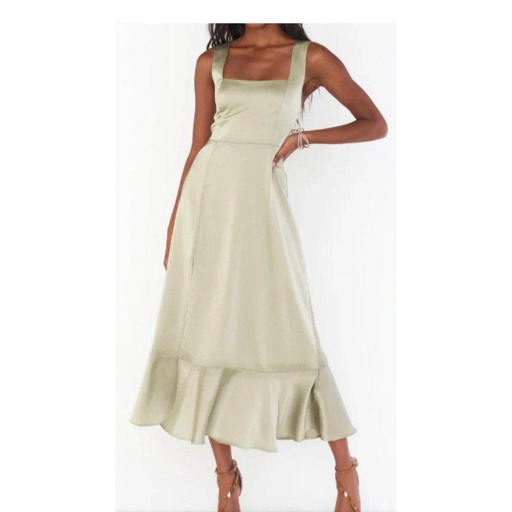 Show Me Your Mumu Sage Green Satin Ruffle Hem Midi Dress Square Neck Slit  M